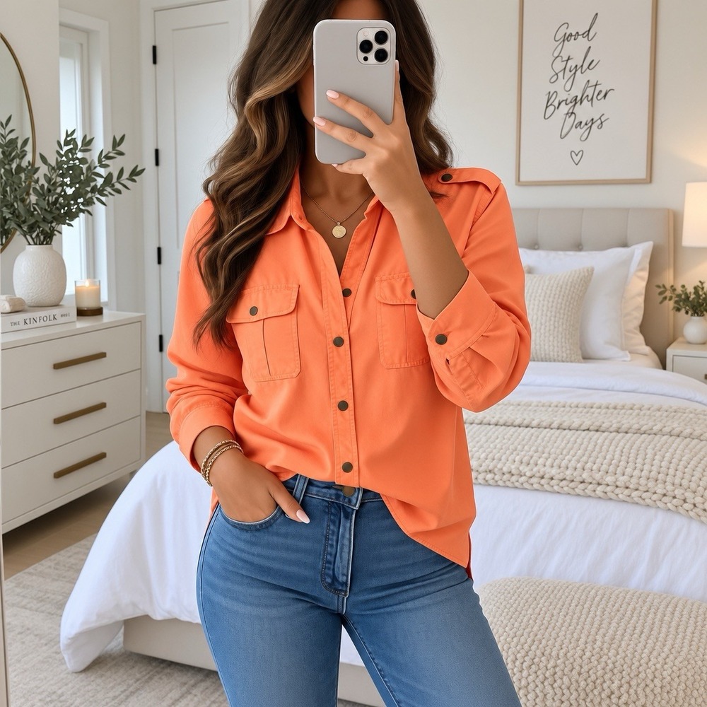 Tommy Hilfiger Orange Safari Utility Button Down Shirt Women's Size XL Epaulets